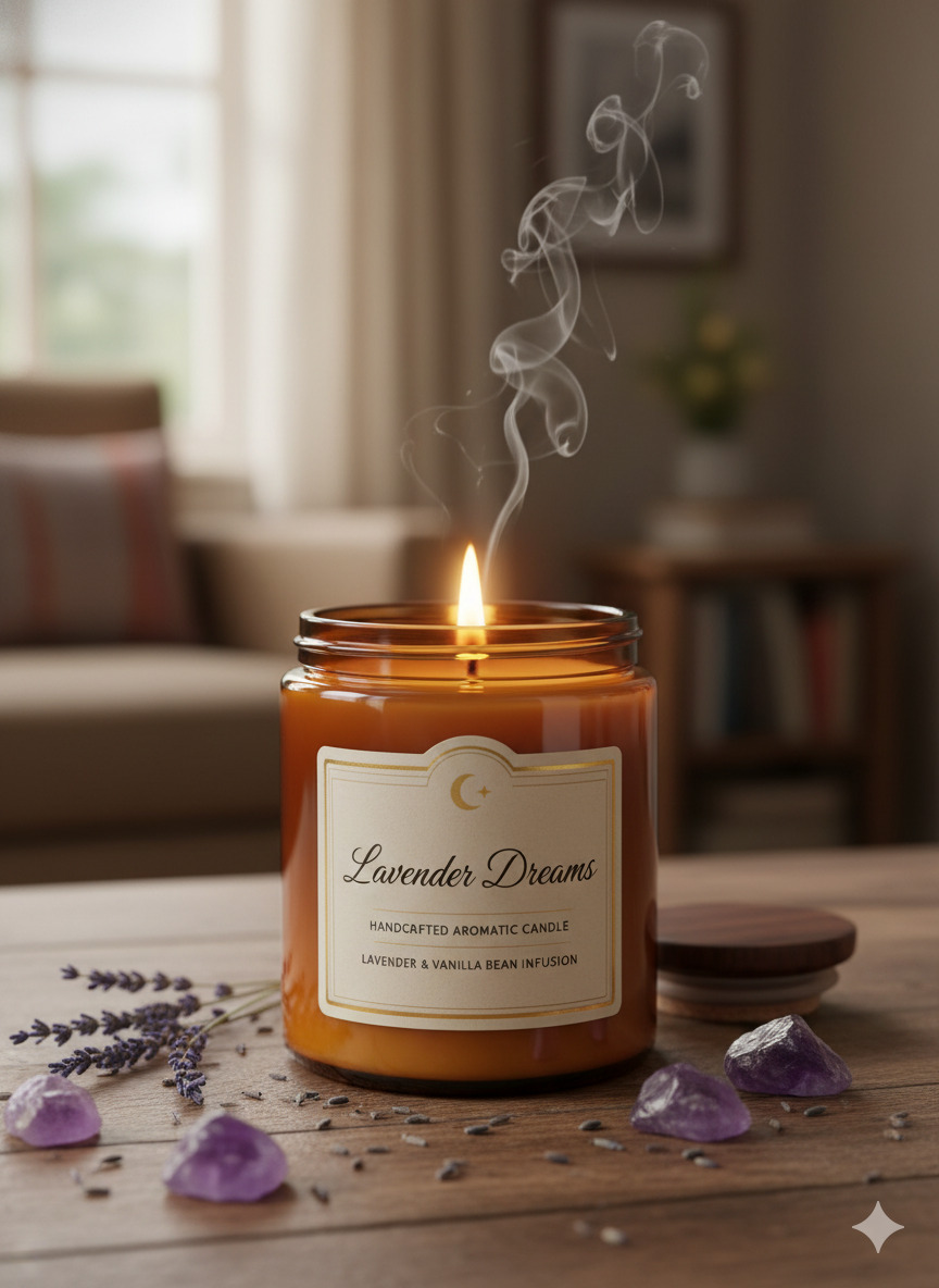 Lavender Dreams aromatic candle in amber glass container